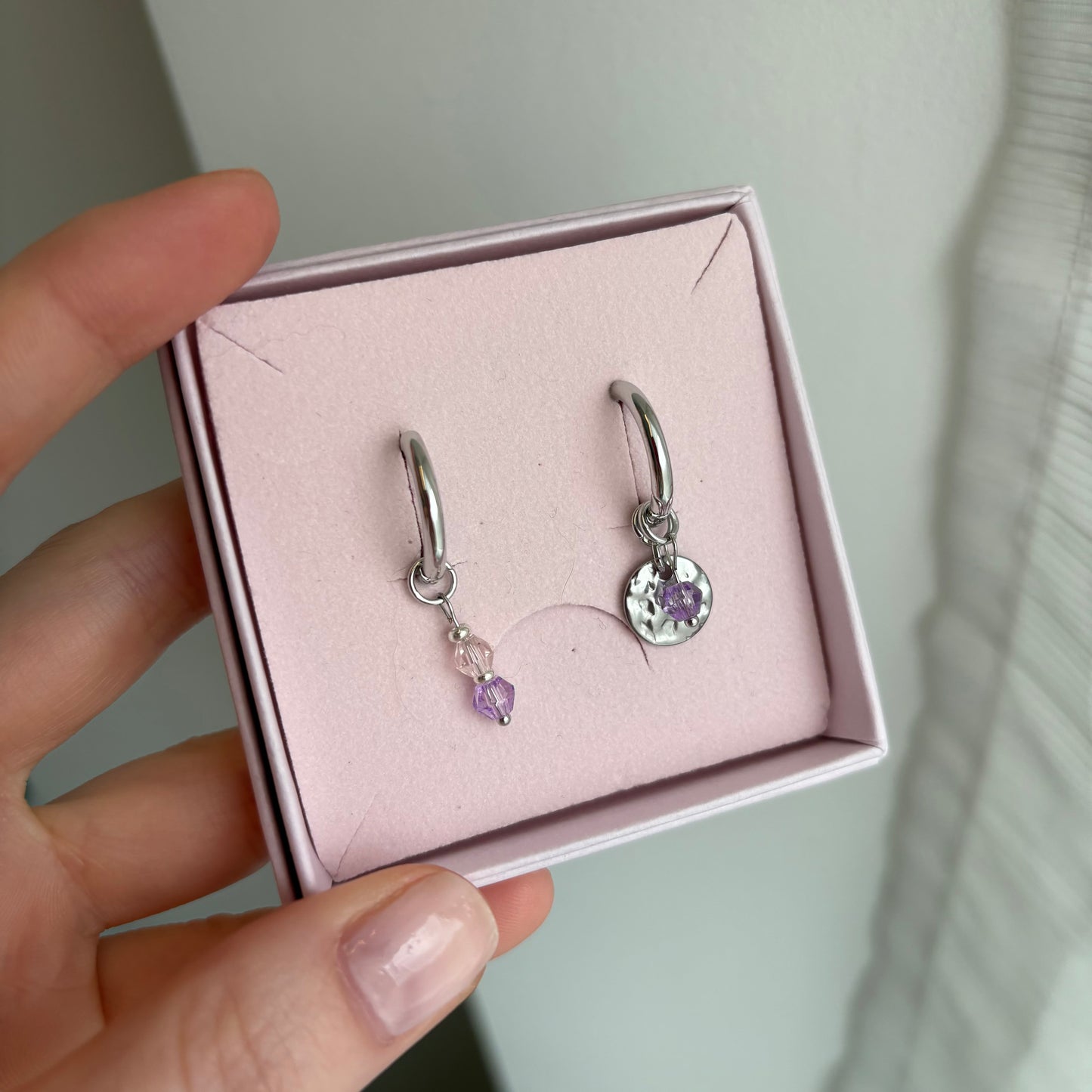 Purple Asymmetric Hoops Silver Pearls